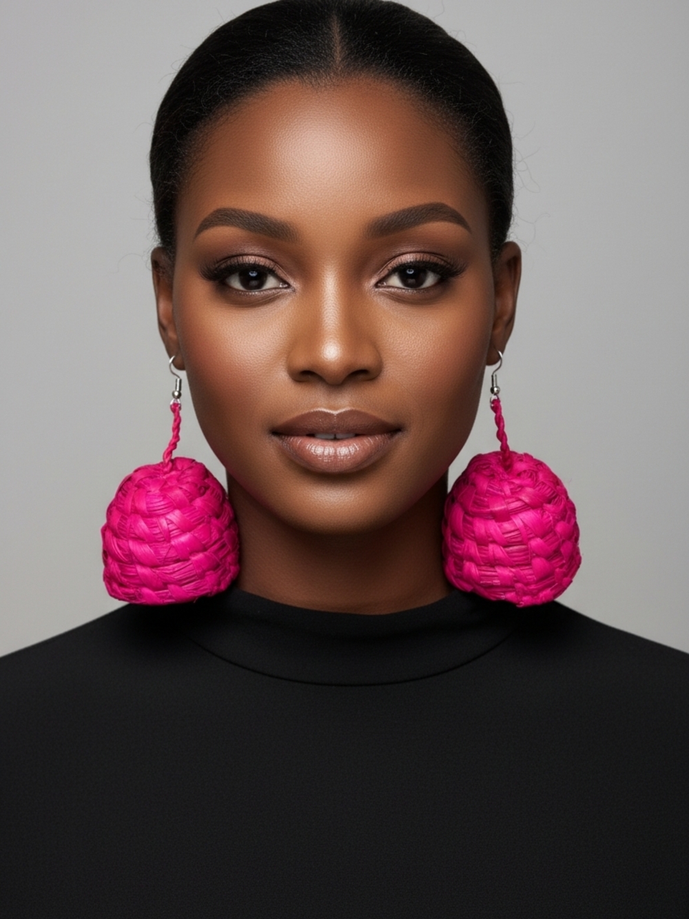 Bright Pink Woven Raffia Drop Ball Earrings for Women